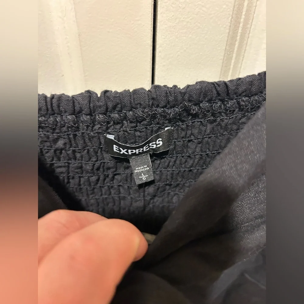 NWT Express Linen Blend Front Tie Smocked Midi Black Dress,Large - Picture 4 of 7